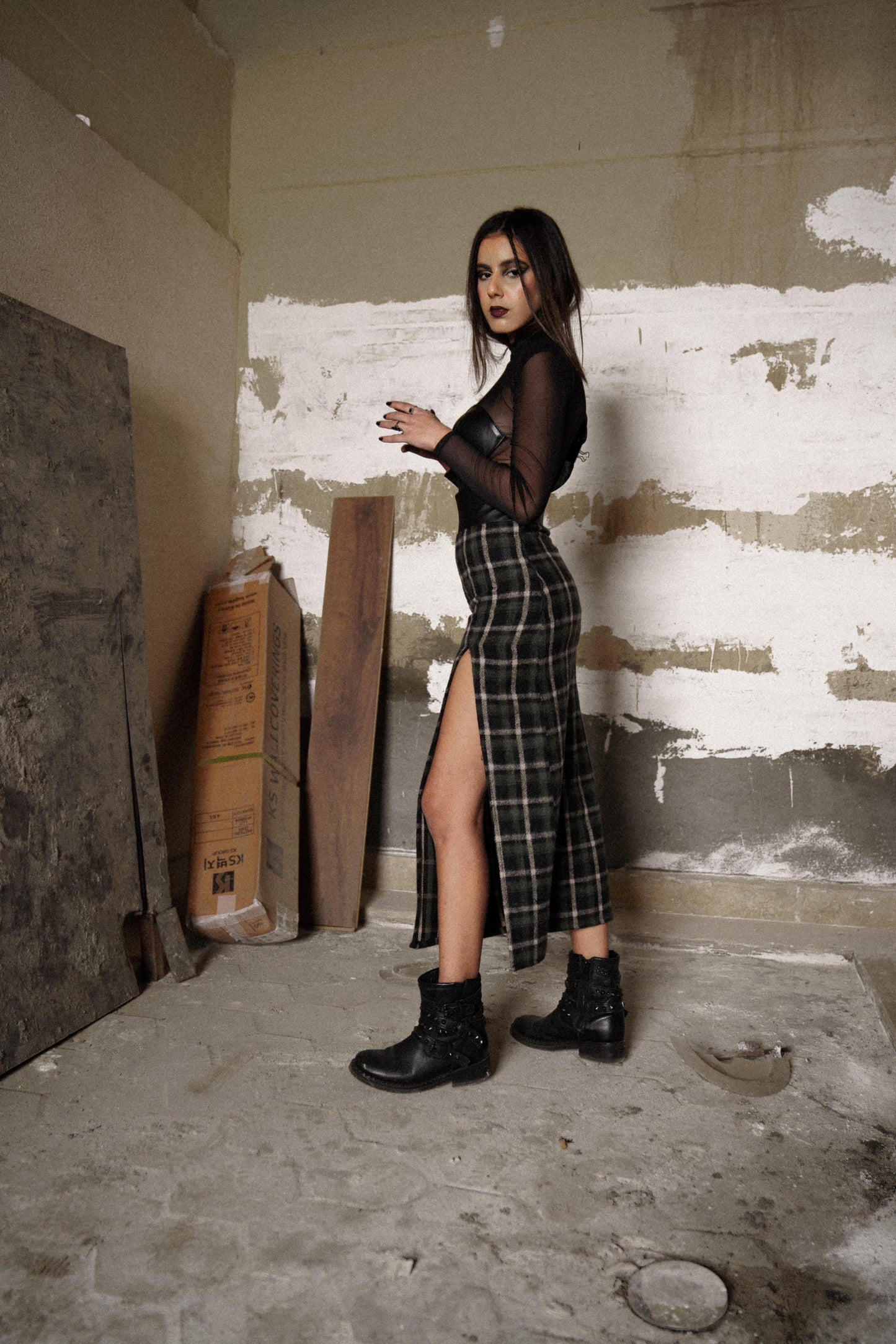 Grunge High Waisted Tartan Patterned Wool Skirt