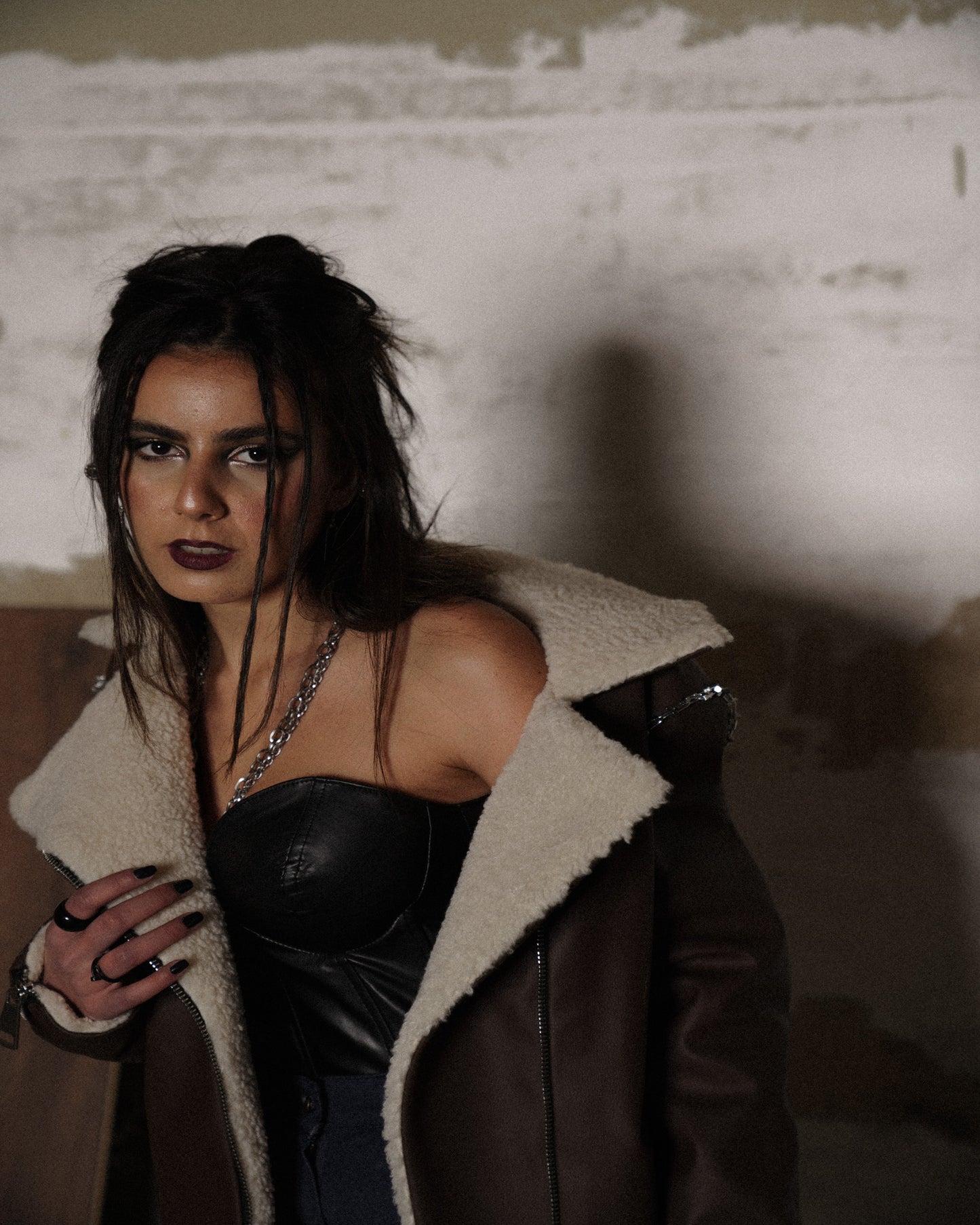 Brown Fur Lined Chained Leather Jacket