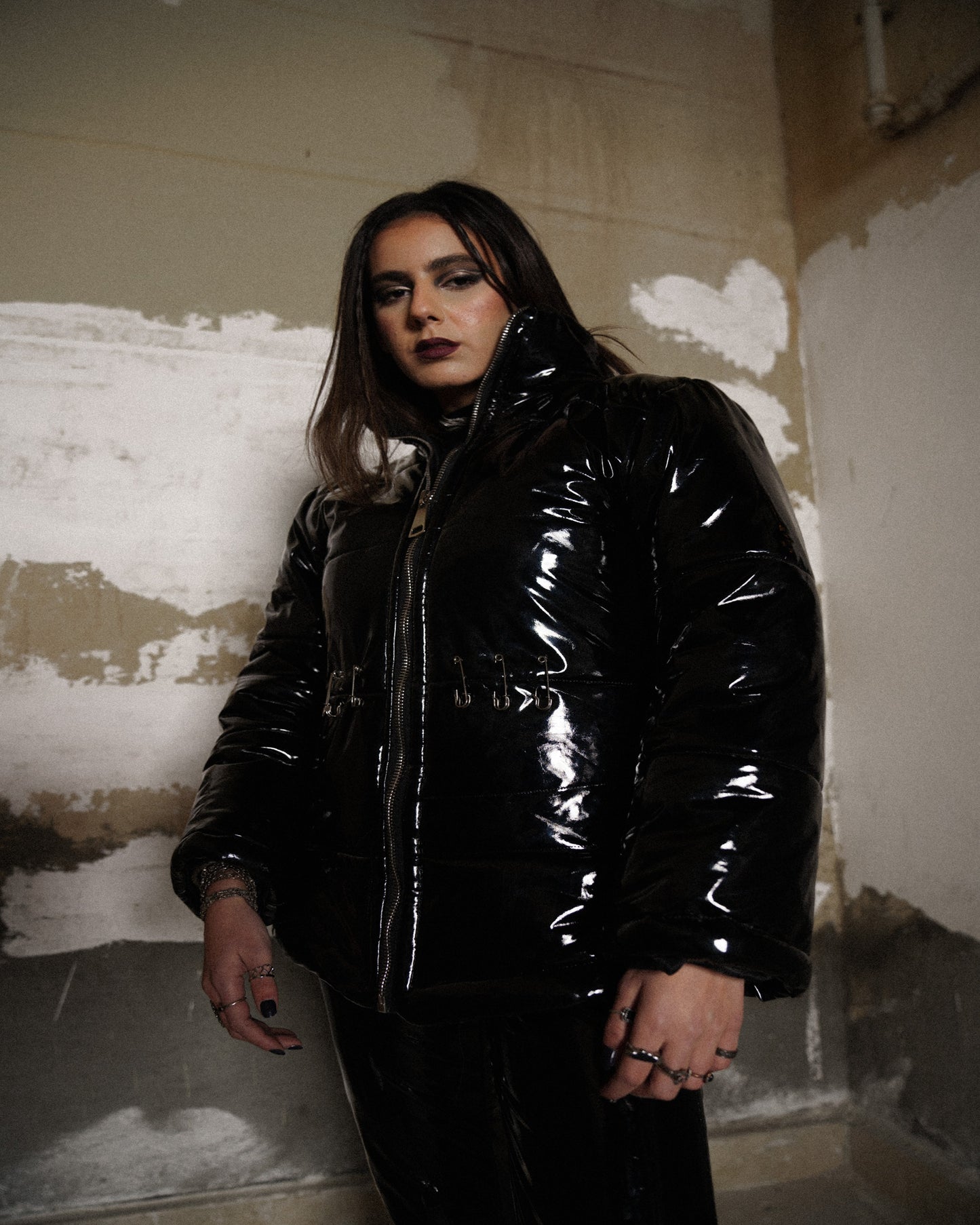 Pinned Latex Black Fur Lined Puffer Jacket