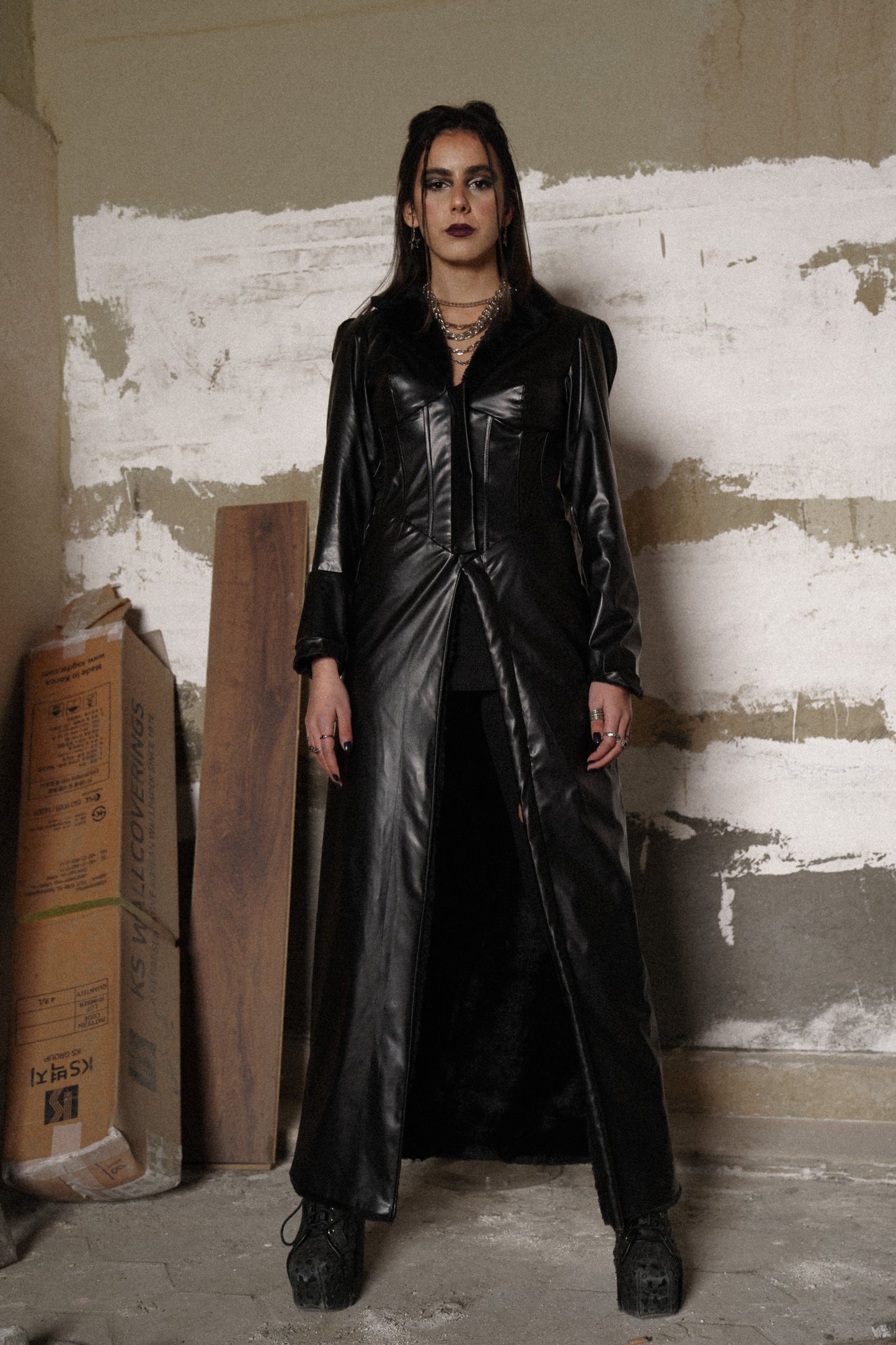 Black Fur Lined Leather Corset Trench Coat